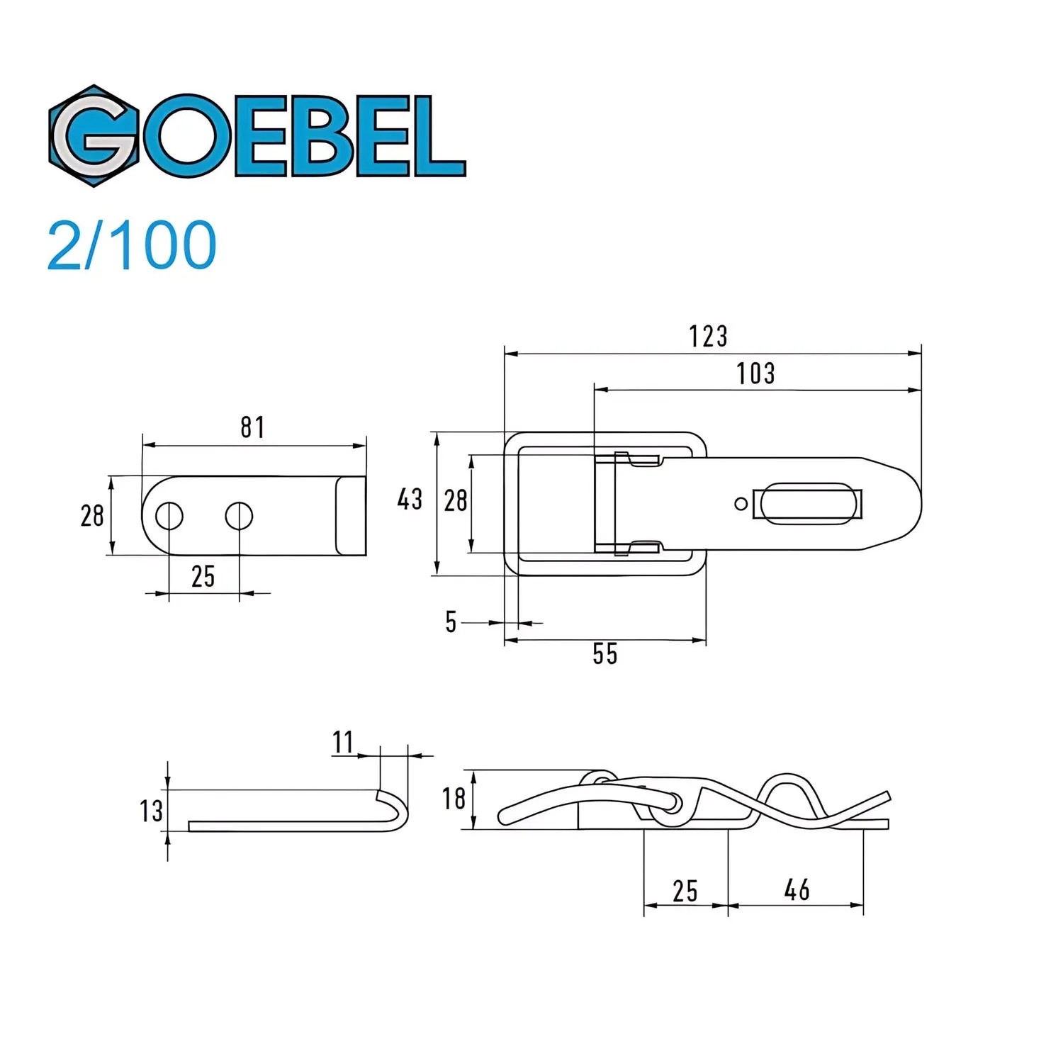 Technische Zeichnung: Goebel Spannverschluss 2/100, Stahl verzinkt, mit Maßen für Montage und Anwendung.