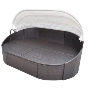 Braunes Outdoor-Loungebett mit Dach aus Polyrattan, Sonnenliege für Garten & Terrasse.