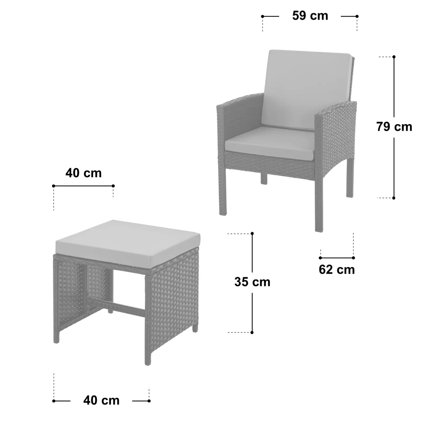 Svita Denver Gartenmöbel: Sessel und Hocker aus Polyrattan mit grauen Kissen, Maße eingezeichnet.