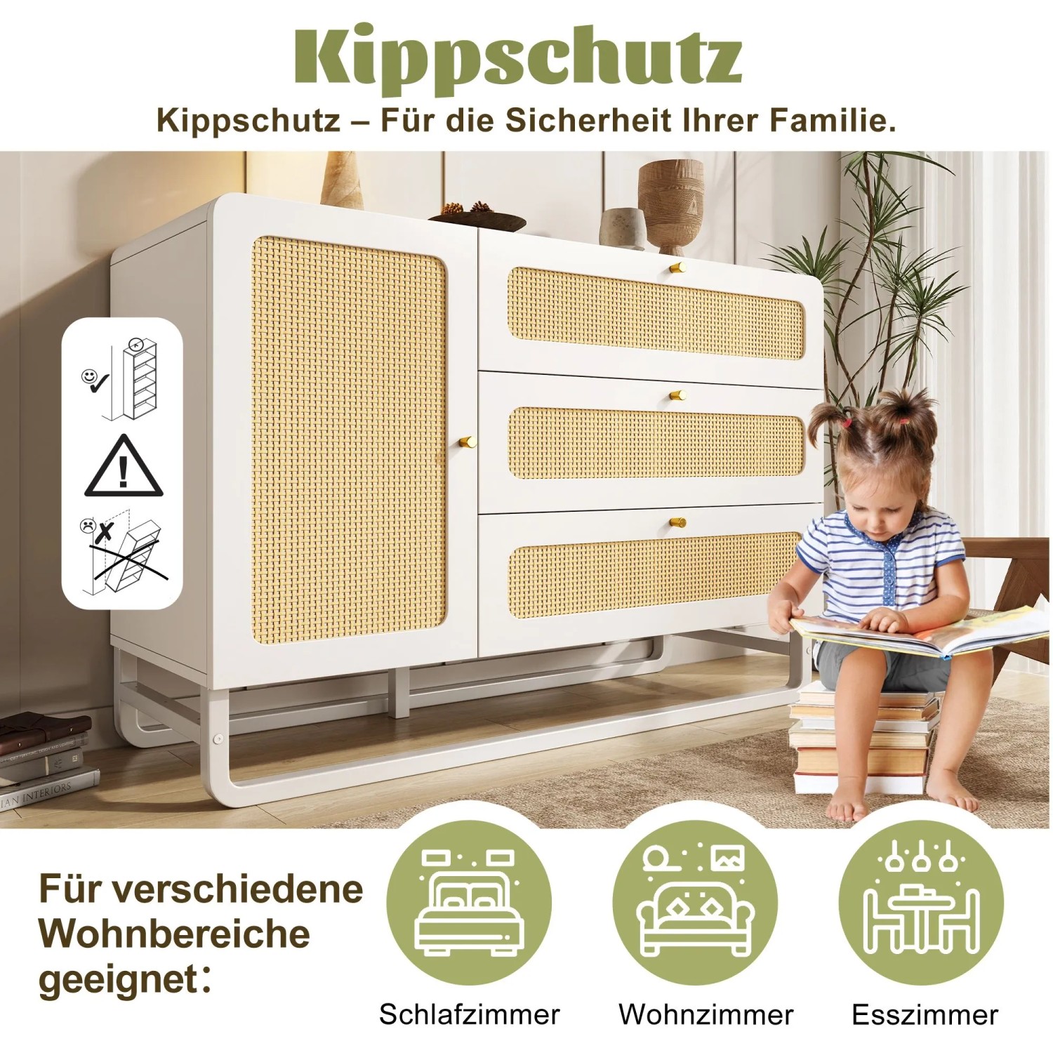 Weiße Merax Kommode mit Rattanfront, Goldgriffen. Kind liest, zeigt Sicherheit. Ideal für Wohn-, Schlaf-, Esszimmer.