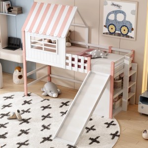 Rosa-weißes Merax Kinderhochbett 90x200cm aus Massivholz mit Rutsche, Leiter und Spielhaus-Dach für Kinderzimmer.