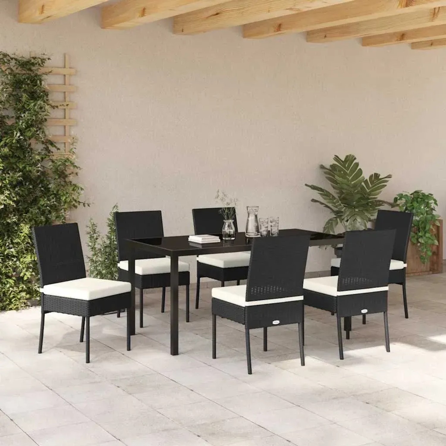 Schwarze 7-tlg. vidaXL Garten Essgruppe aus Poly Rattan mit Tisch und 6 Stühlen.