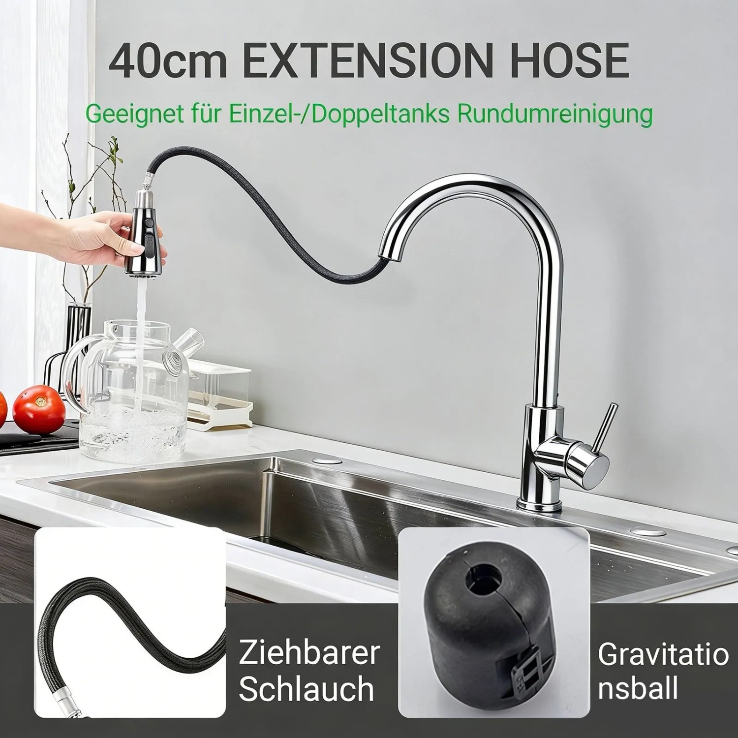 AICA Küchenarmatur mit Ausziehbrause, Chrom, Einhebelmischer für Spüle.