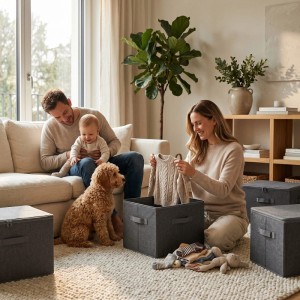 Familie sortiert Kleidung in anthrazitfarbene Stoffboxen mit Deckel im Wohnzimmer. Praktische Aufbewahrungsboxen für Ordnung.