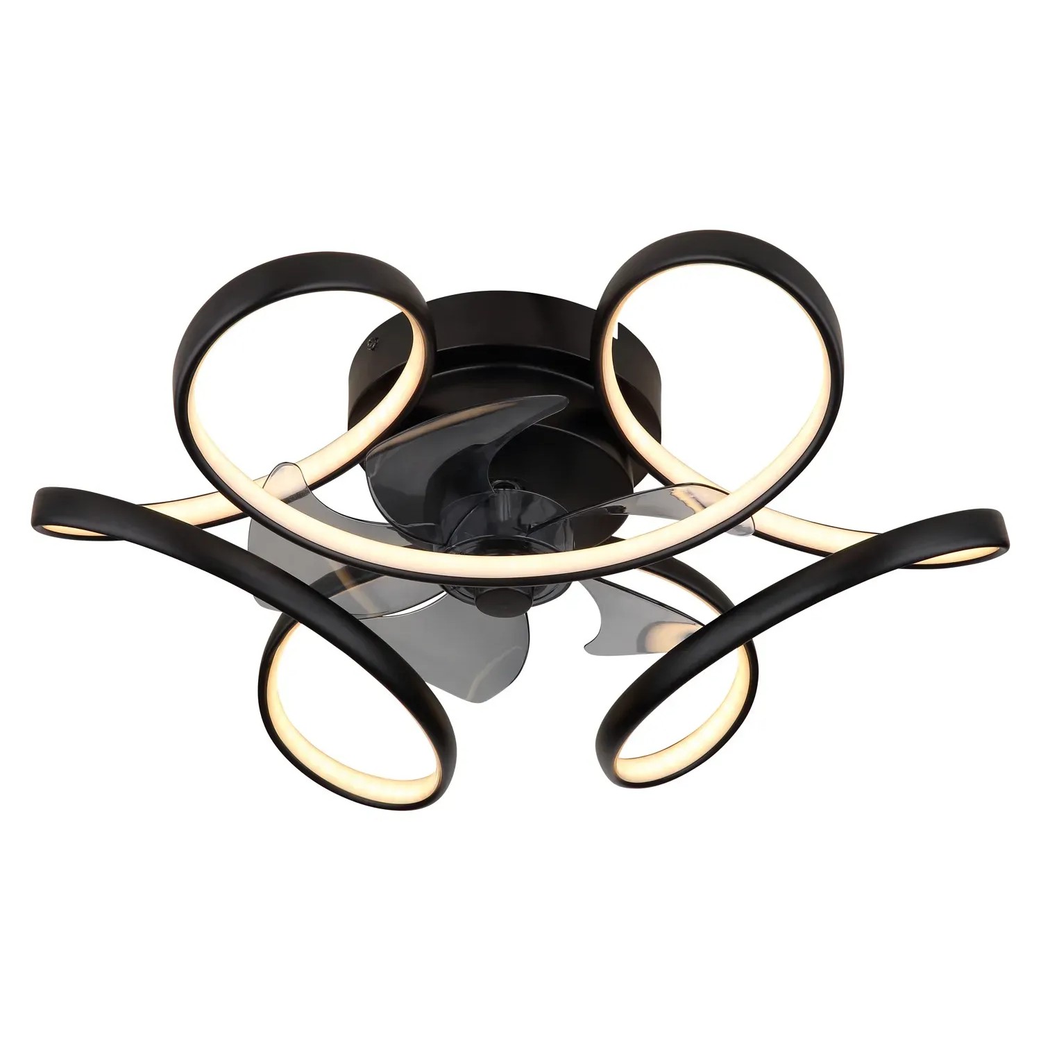 Schwarzer Globo LED-Deckenventilator Loris, Ø 56 cm, mit geschwungenen LED-Leuchten und transparenten Rotorblättern.