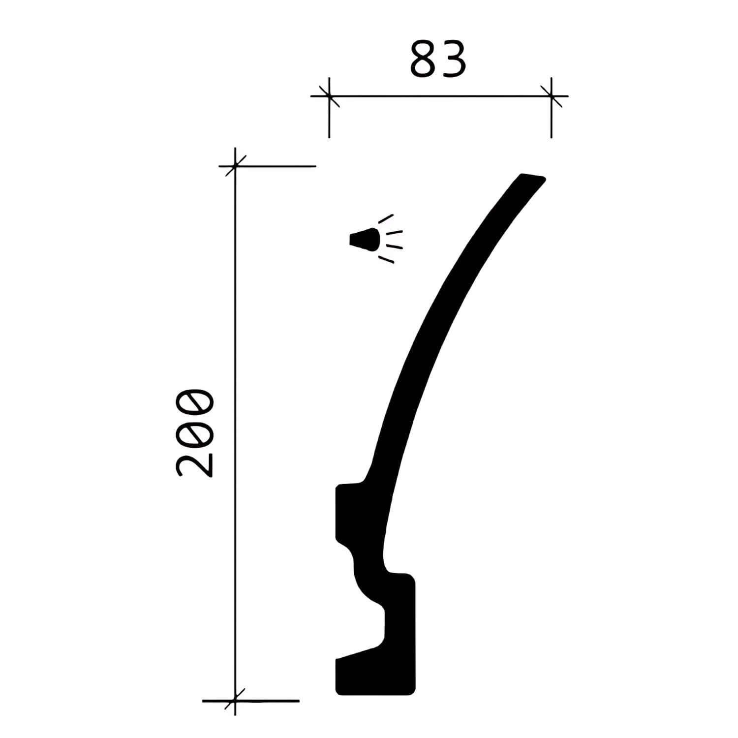 Profilansicht der weißen PROFHOME Eckleiste 150622 für indirekte Beleuchtung, Maße 200x83mm.