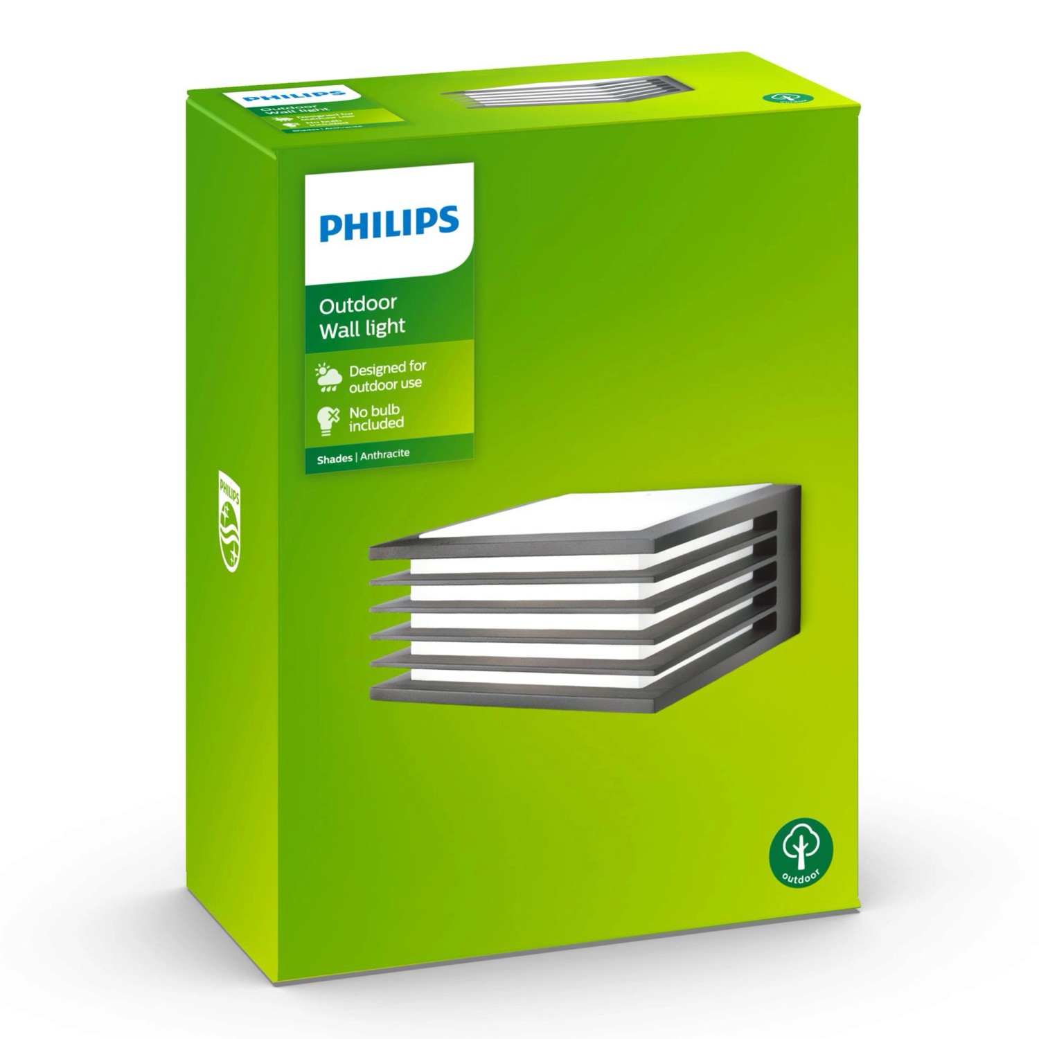 Verpackung der Philips Wandleuchte Shades Anthrazit für Außen, Lichteffekt nach oben und unten.