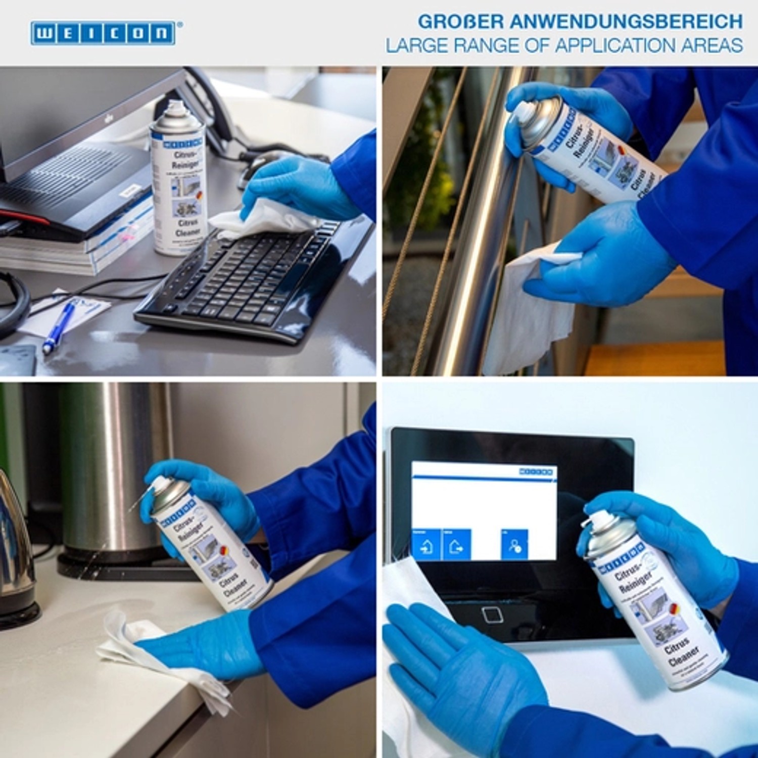 Anwendungsbeispiele WEICON Citrus-Reiniger 400ml: Reinigung von Oberflächen wie Tastatur, Edelstahl und Display.