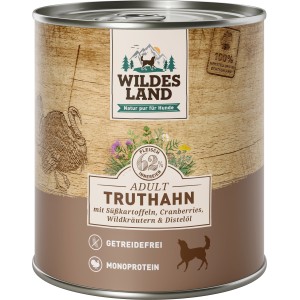 Wildes Land Hunde-Nassfutter Truthahn, 800g Dose. Alleinfutter mit Süßkartoffel & Distelöl.
