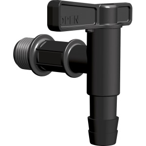 Schwarzer Waterform Auslaufhahn aus Kunststoff für Wood- und Aquacan Regentonnen.