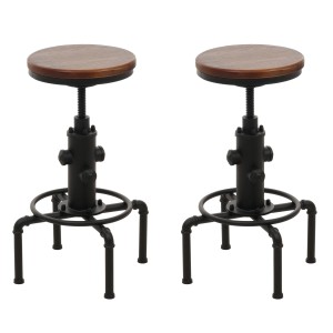 2er Set MCW Barhocker N23, braune Holzsitze, schwarzes Stahlgestell im Industrie Design.