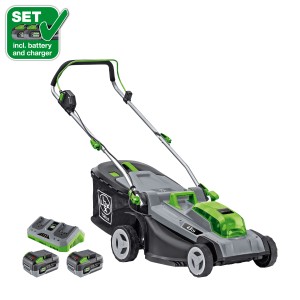 LUX Akku-Rasenmäher Set mit 2 Akkus und Ladegerät, 43 cm Schnittbreite.
