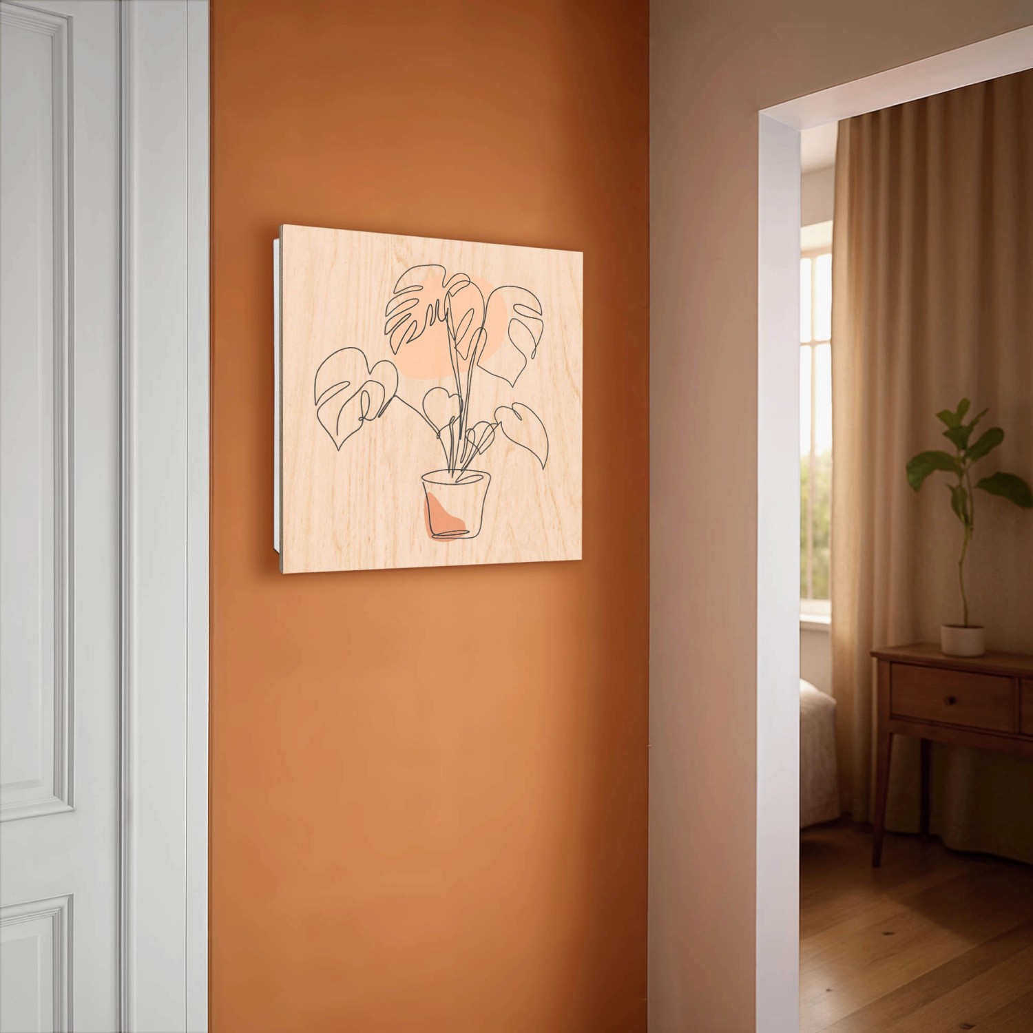 Banjado Schlüsselkasten mit Monstera Skizze, Holzfront, 50 Haken, weiße Schlüsselaufbewahrung für die Wand.