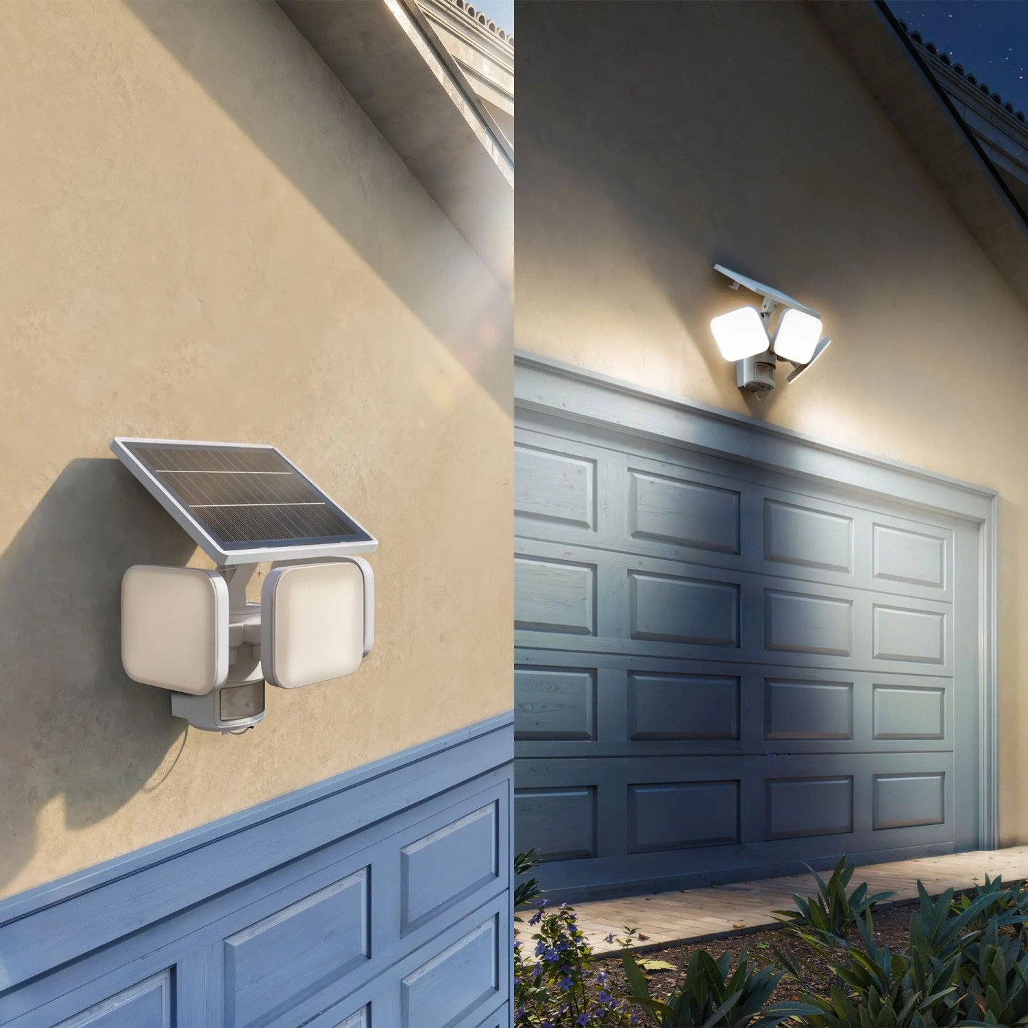 Philips Zyren Solar LED-Außenstrahler mit Bewegungssensor, tagsüber und nachts an der Hauswand.