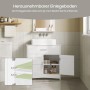 Weißer EUGAD Waschbeckenunterschrank mit Schublade, offener Tür und verstellbarem Einlegeboden im Bad.