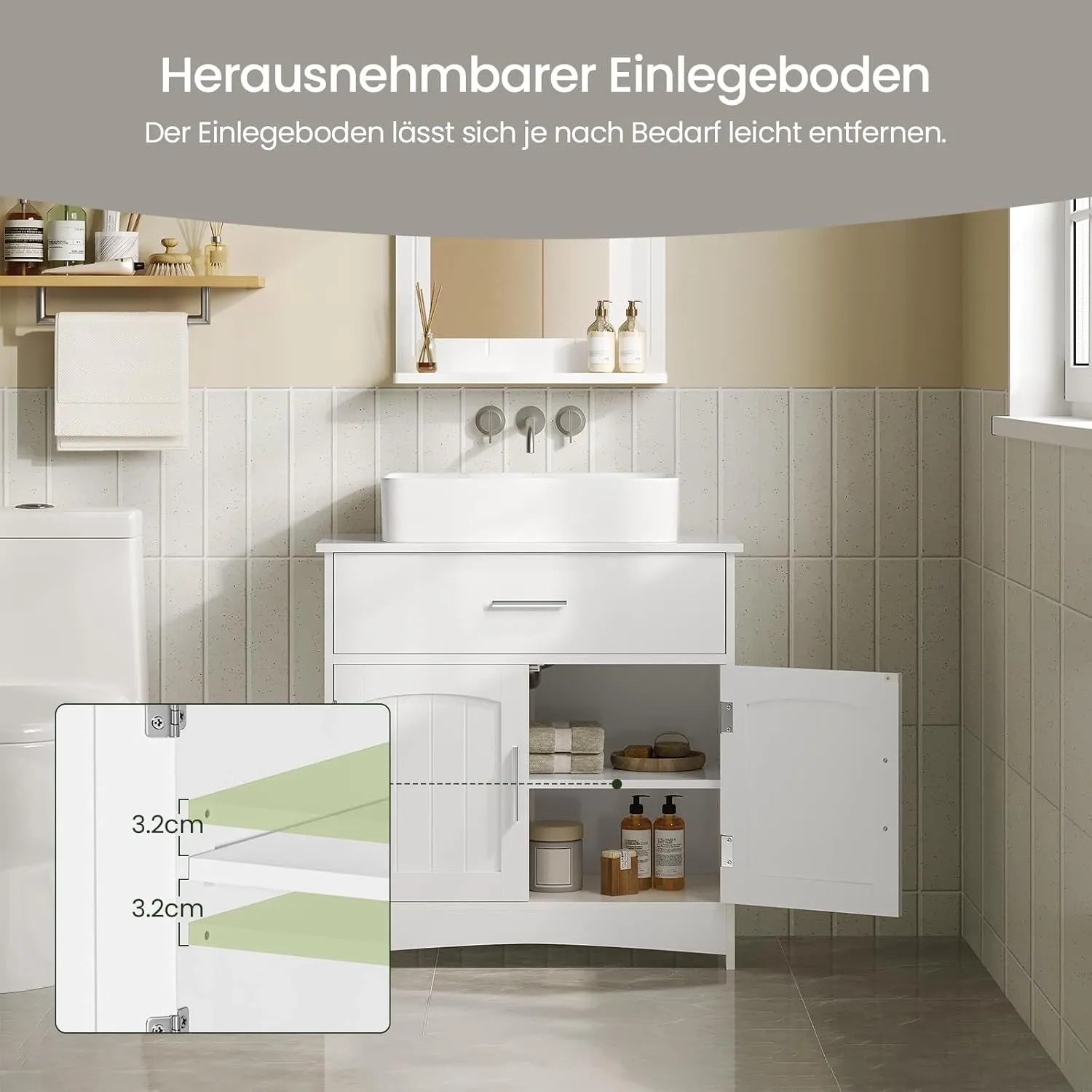 Weißer EUGAD Waschbeckenunterschrank mit Schublade, offener Tür und verstellbarem Einlegeboden im Bad.