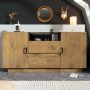 Merax Sideboard Eiche mit 2 Schubladen, Türen, offenem Fach und Glasfront. Moderner Wohnzimmerschrank.