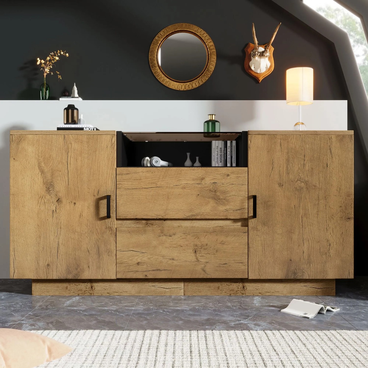 Merax Sideboard Eiche mit 2 Schubladen, Türen, offenem Fach und Glasfront. Moderner Wohnzimmerschrank.