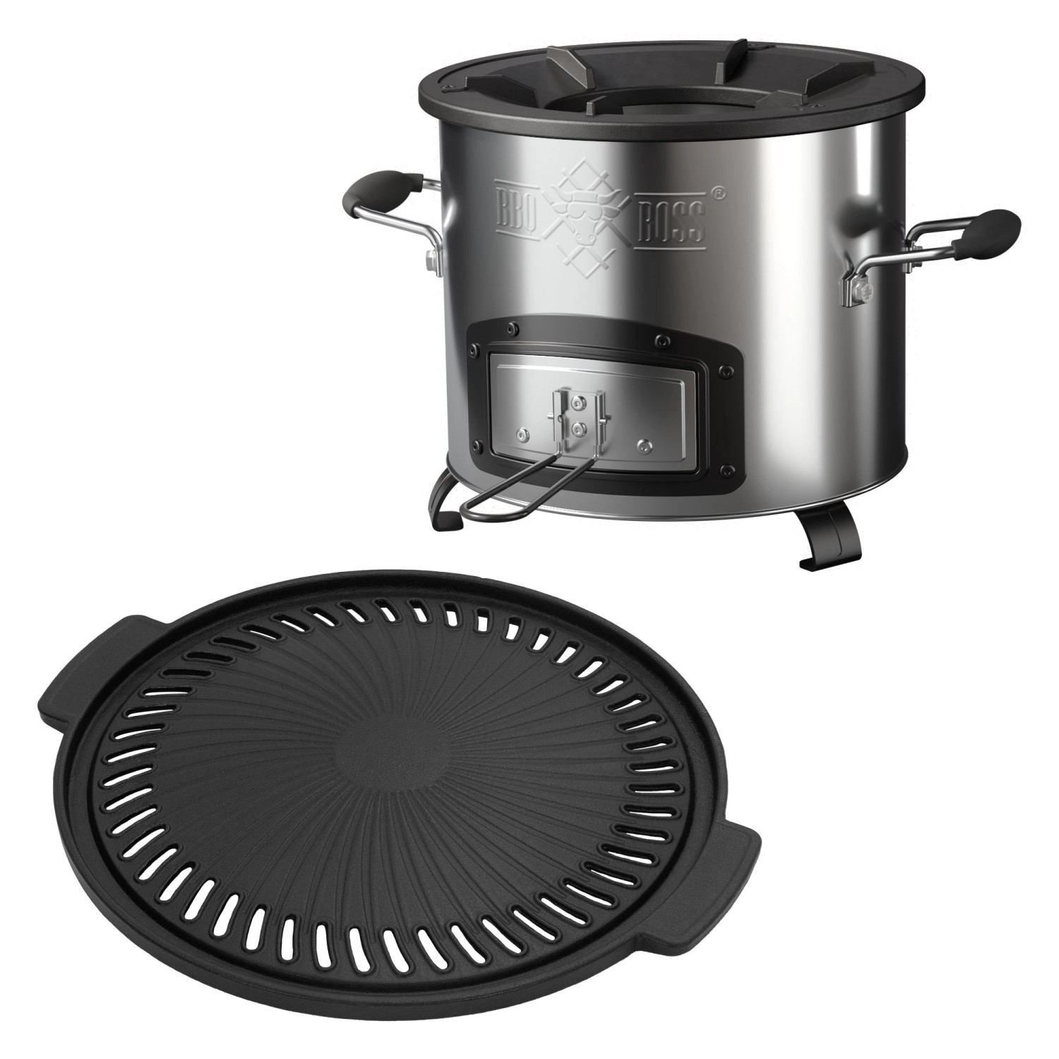 BBQBOSS Raketenofen mit Gusseisen Grillplatte Silber Edelstahl Outdoor-Küche