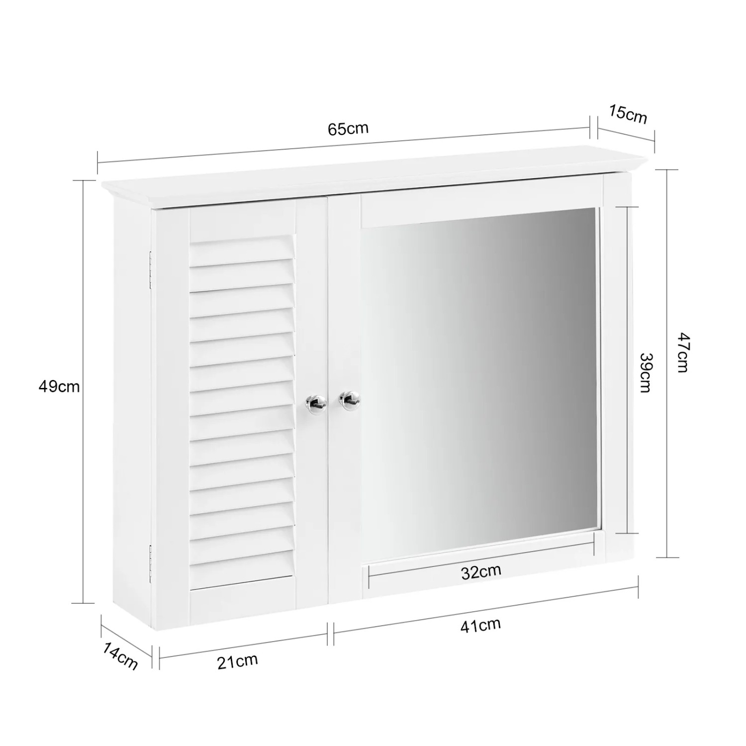 SoBuy Spiegelschrank BZR55-W, weiß, mit Lamellentür. Hängeschrank für Bad, Maße eingezeichnet.