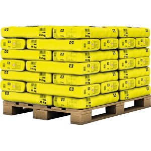Palette Sakret Scheibenputz Weiß, 42 Säcke à 25 kg, 2 mm Körnung.