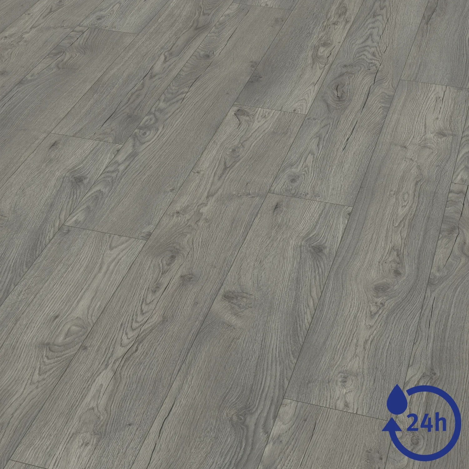 Wasserfestes, graues Egger NatureSense Aqua Laminat (10 mm) mit Holzoptik.