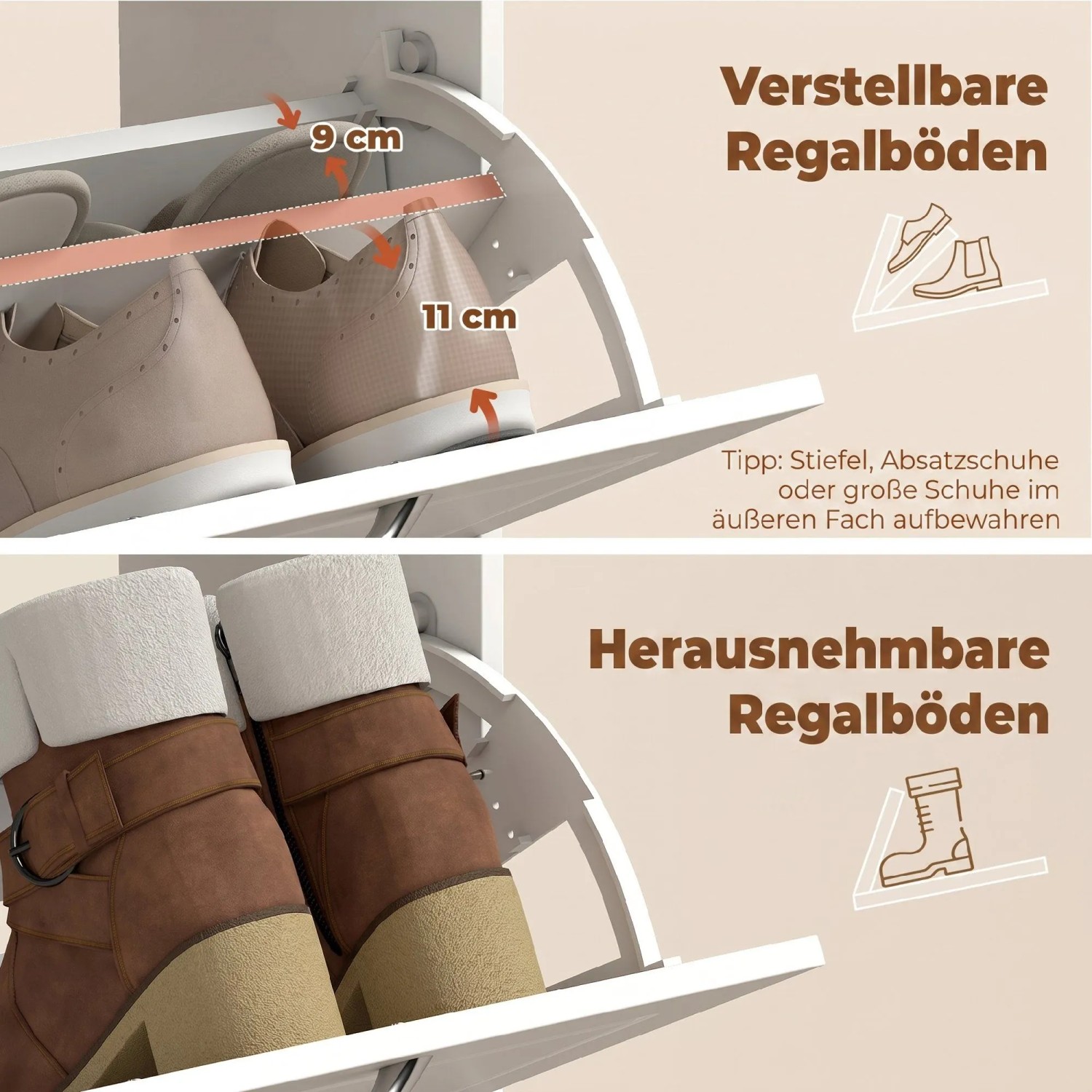 HOMCOM Schuhschrank: Verstellbare Fächer für Schuhe, herausnehmbare Böden für Stiefel. Weißes MDF.