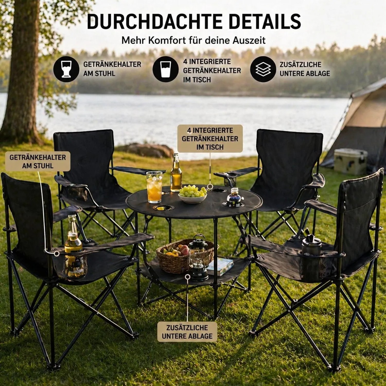 BigDean Camping Set 4x Campingstühle & 1x Campingtisch Campingstuhl mit Tisch Set Klappbar Camping Tisch Stuhl Set Campingstuhl Faltbar Angelstuhl_2