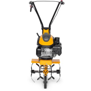 Stiga Benzin-Motorhacke SRC 36 V: gelbe Gartenhacke mit Metallrotoren und Transportrad.