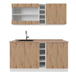 Vicco R-Line Singleküche in Artisan Eiche/Weiß, 160 cm breit, mit Spüle und Hängeschränken.