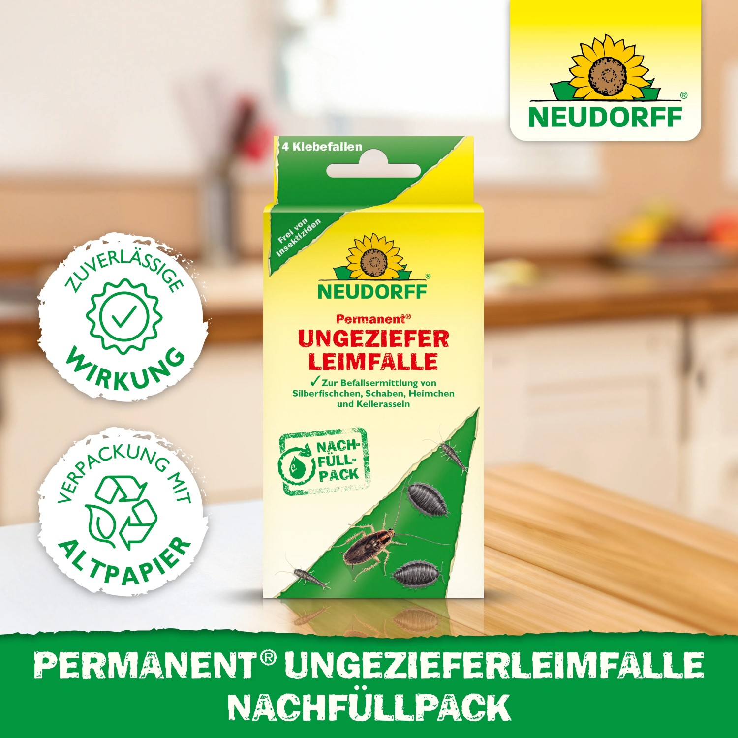 Neudorff Ungezieferleimfalle Nachfüllpack, 4 Stück. Zur Schädlingsbekämpfung ohne Insektizide.