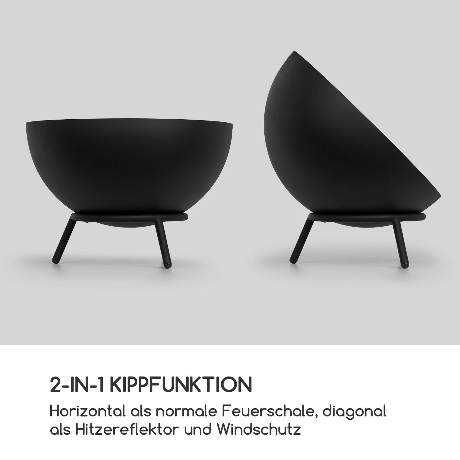 Blumfeldt Fireball Feuerschale, 66cm, kippbar, Stahl, schwarz, mit Kohlerost. Zwei Ansichten: horizontal und diagonal.