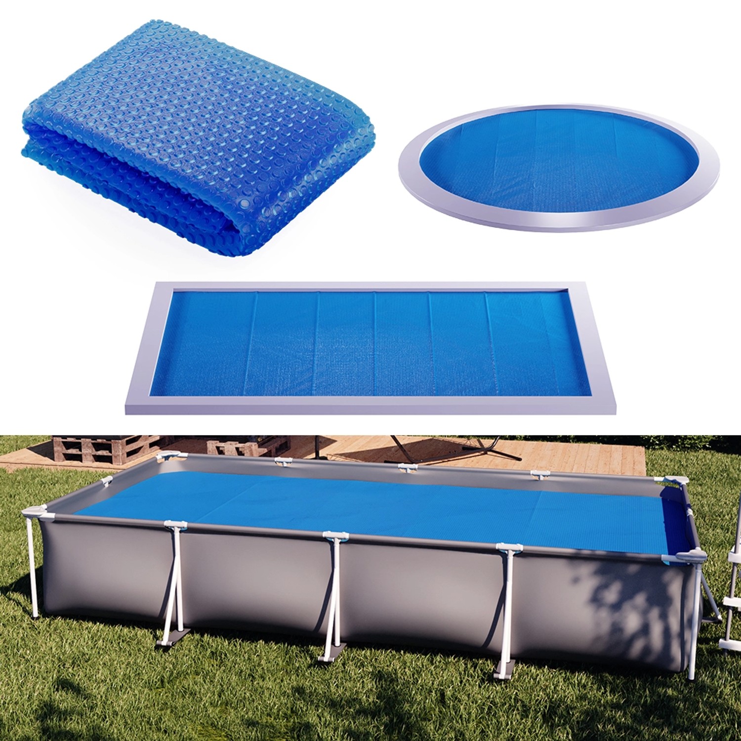 Blaue OK-Living Solarfolie 450 cm als Pool Abdeckung für verschiedene Poolformen.