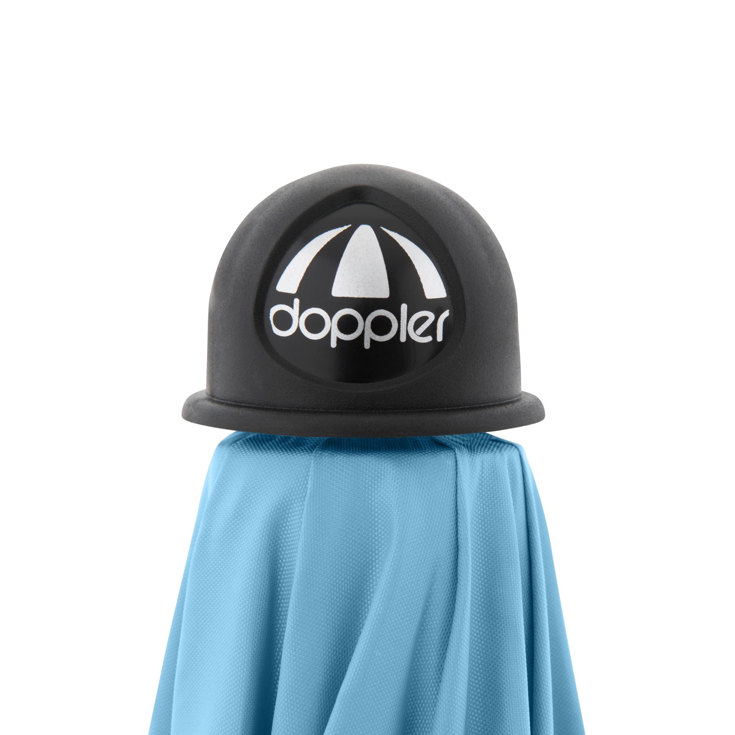 Detailaufnahme: Blauer Doppler Strandschirm Windprofi Neo 200 mit Logo.