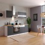 Respekta Küchenzeile KB220WGC, 220 cm, grau-weiß mit Holz-Arbeitsplatte und E-Geräten.