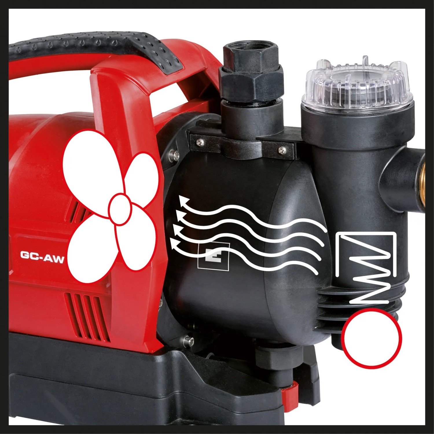 Einhell GC-AW 6333 Hauswasserautomat, rot/schwarz, mit Vorfilter und elektronischem Durchflussschalter.