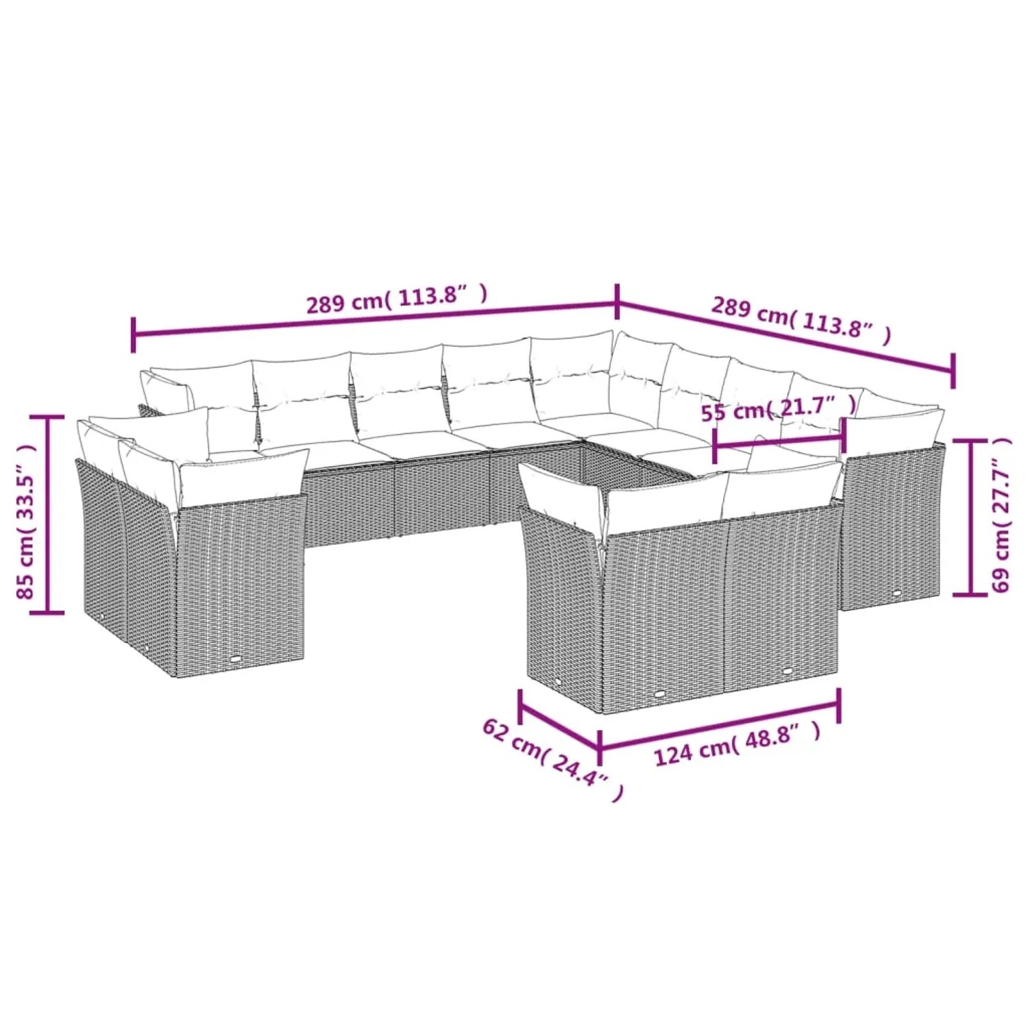 vidaXL Garten-Sofagarnitur, 13-teilig, grau, Poly Rattan, mit Maßangaben.