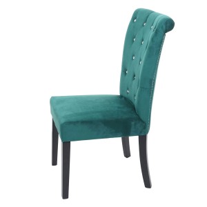 Dunkelgrüner Polsterstuhl mit Nieten und schwarzen Beinen, Knopfsteppung im Chesterfield-Design.