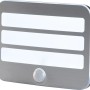 OBI LED-Sensorlicht mit Nachtlichtfunktion, silbernes Panel mit drei Lichtsegmenten und Bewegungssensor.