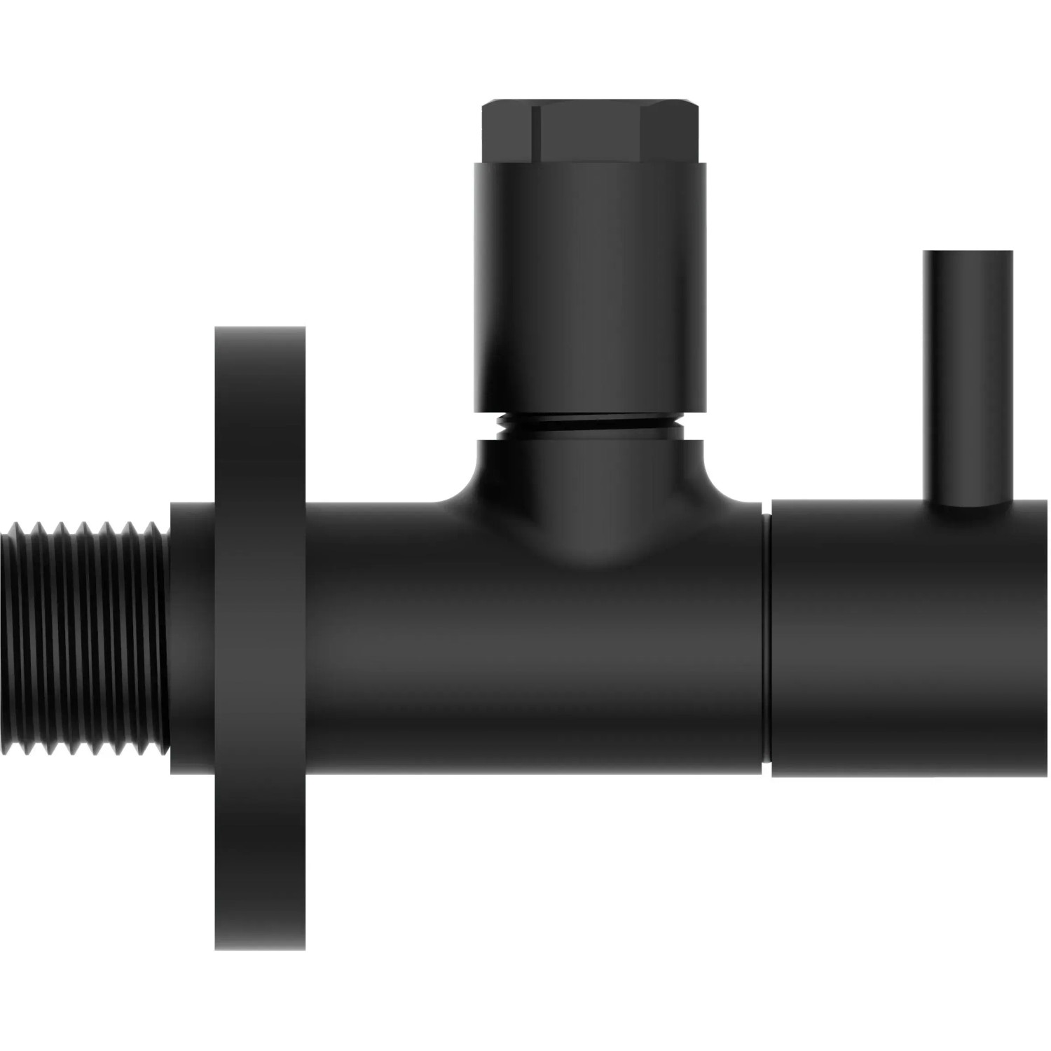 Schwarzes, mattes Kirchhoff Universal Eckventil für Kalt- und Warmwasserleitungen.