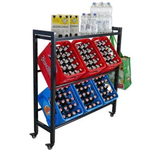 PROREGAL Getränkekistenregal KÖNIGSSEE L PLUS Mit Ablage & 2 Haken HxBxT 119x110x33 6 Kisten Auf 2 Ebenen Auf Rollen Schwarz Getränkeregal