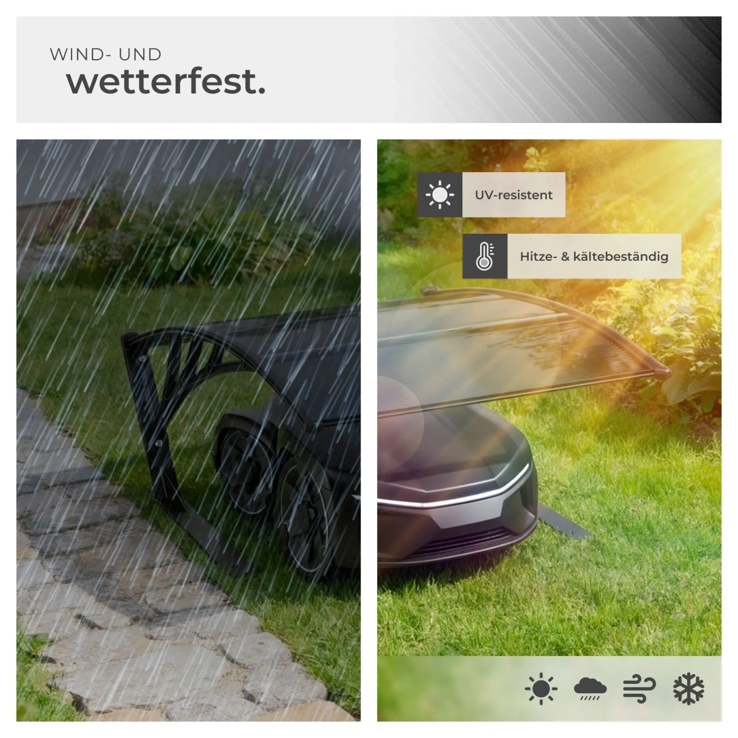 Tectake Rasenmäher Roboter Garage Domus, wetterfest und UV-beständig.