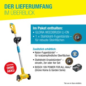 Gloria WeedBrush li-on Solo Fugenbürste: Lieferumfang mit Stahldrahtbürste, ohne Akku. Zubehör optional.
