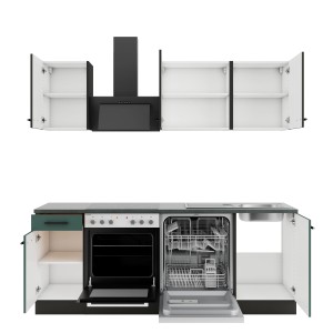 Optifit Küchenzeile in Anthrazit/Steingrün mit E-Geräten, 210 cm breit.