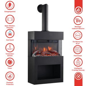 Schwarzer Kaminio Elektrokamin Henri mit 3D-Flammeneffekt und Ofenrohr-Imitat.