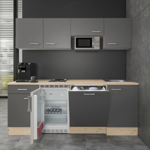 Flex-Well Büroküche Morena, 210 cm, basaltgrau/San Remo Eiche: Singleküche mit E-Geräten wie Kühlschrank und Geschirrspüler.