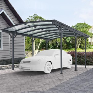 Dunkelgrauer Juskys Carport 5x3 m mit Bogendach und Auto. Ideal als Wetterschutz für Fahrzeuge.