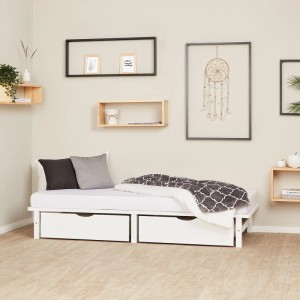Weißes Palettenbett 90x200 cm aus Kiefernholz mit Lattenrost und 2 Bettkästen. Einzelbett für Jugendzimmer.