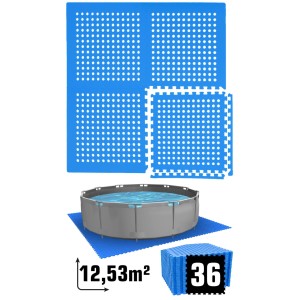 Blaue EVA Poolunterlage aus 36 Puzzlematten, 1cm dick, unter rundem Pool. Schutz für 305 cm Pool, 12,53m².