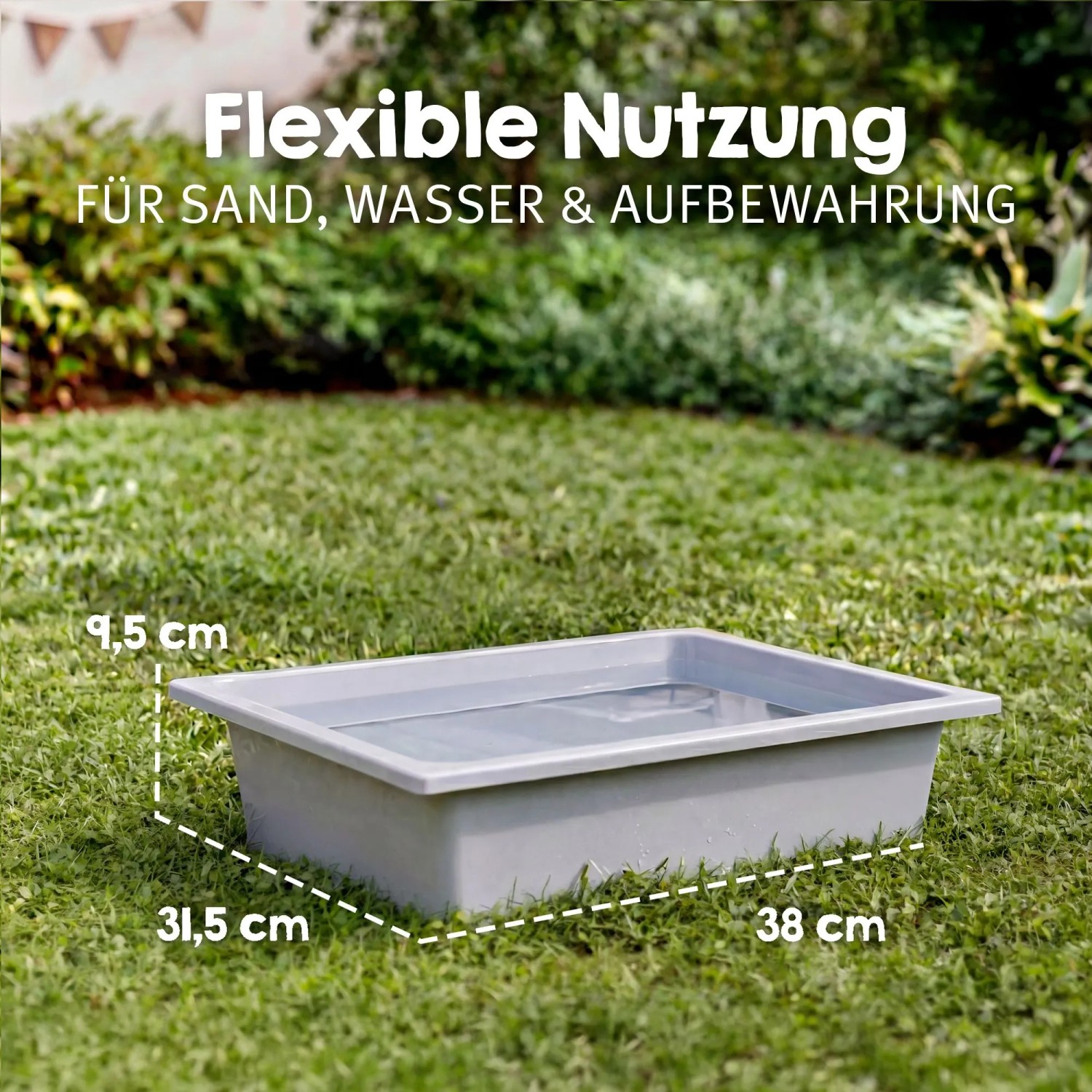 Graue roba Spielwanne mit Wasser auf Rasen, Maße 9,5x31,5x38 cm. Vielseitig für Sand, Wasser & Aufbewahrung im Outdoor Spieltisch.
